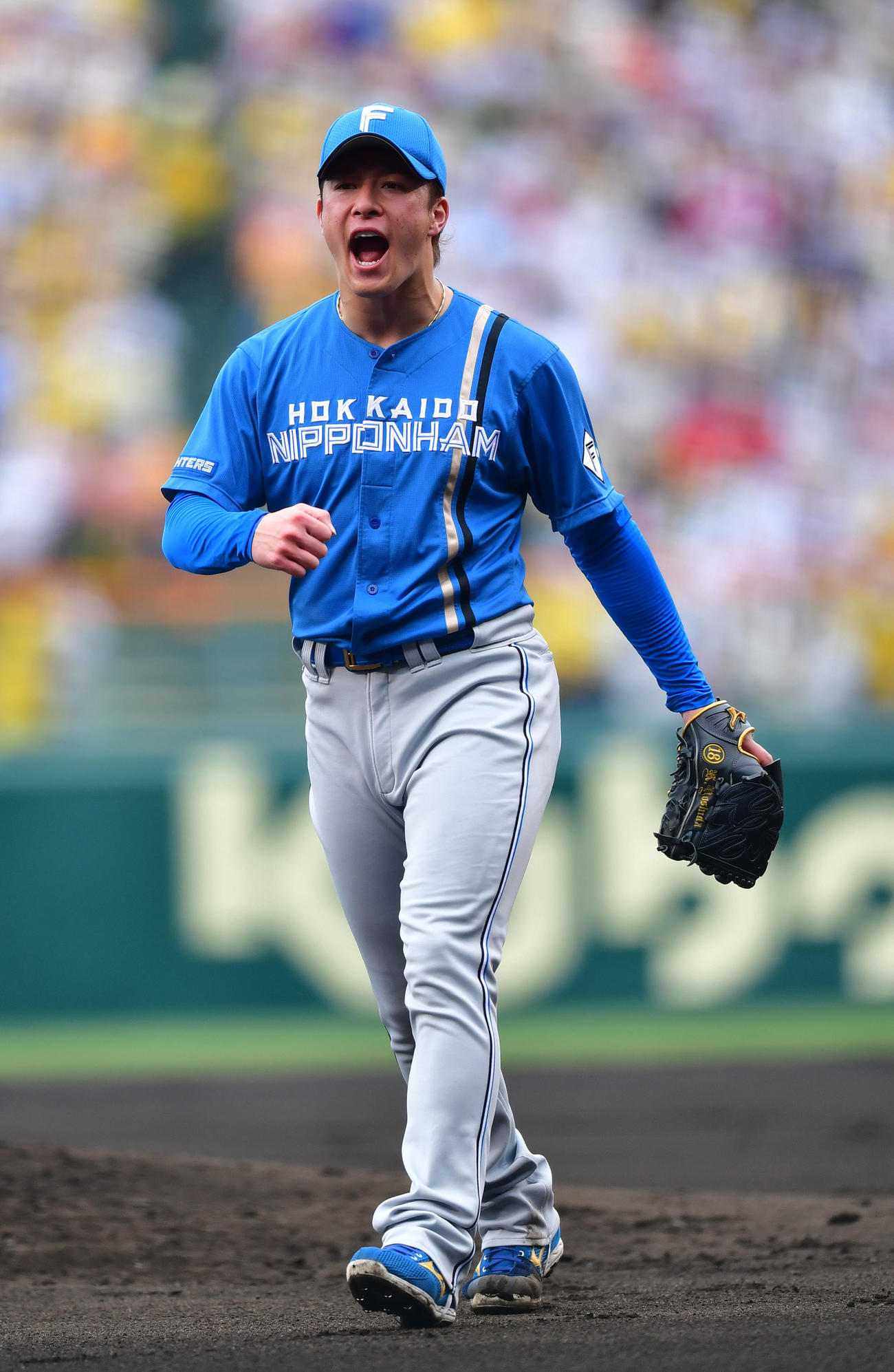 阪神対日本ハム　1回裏阪神2死一、二塁、大山を空振りの三振に打ち取りほえる吉田（撮影・前岡正明）