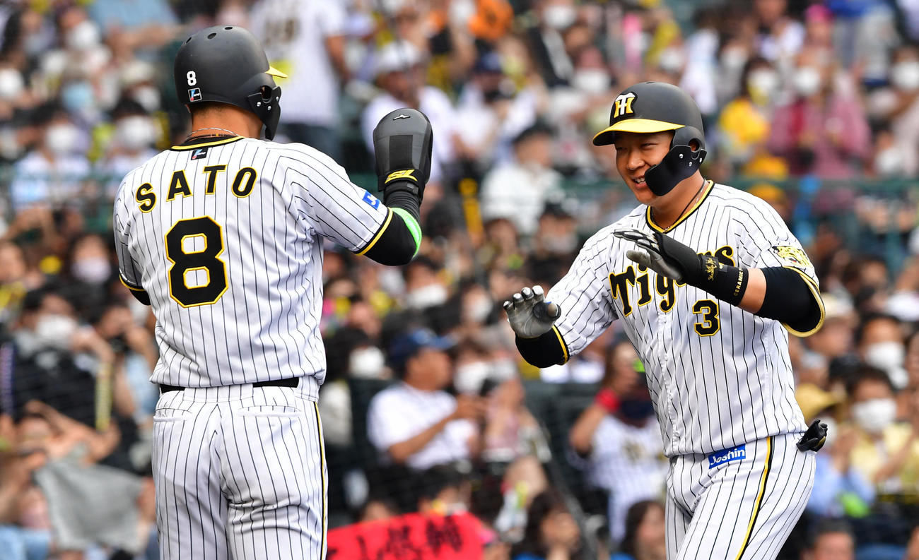 阪神対日本ハム　3回表阪神2死一、三塁、大山（右）は左越え3点本塁打を放ち佐藤輝の祝福に笑顔を見せる（撮影・前岡正明）