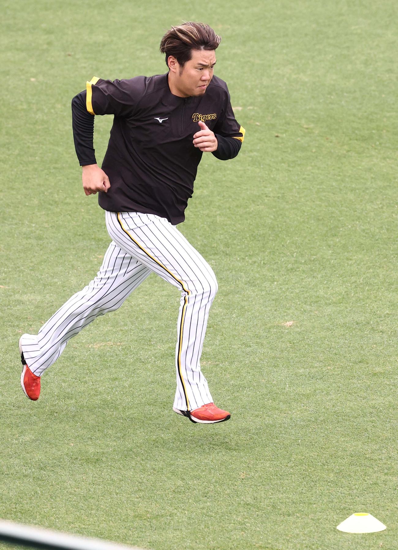 外野ダッシュを繰り返す阪神西勇輝（撮影・上田博志）