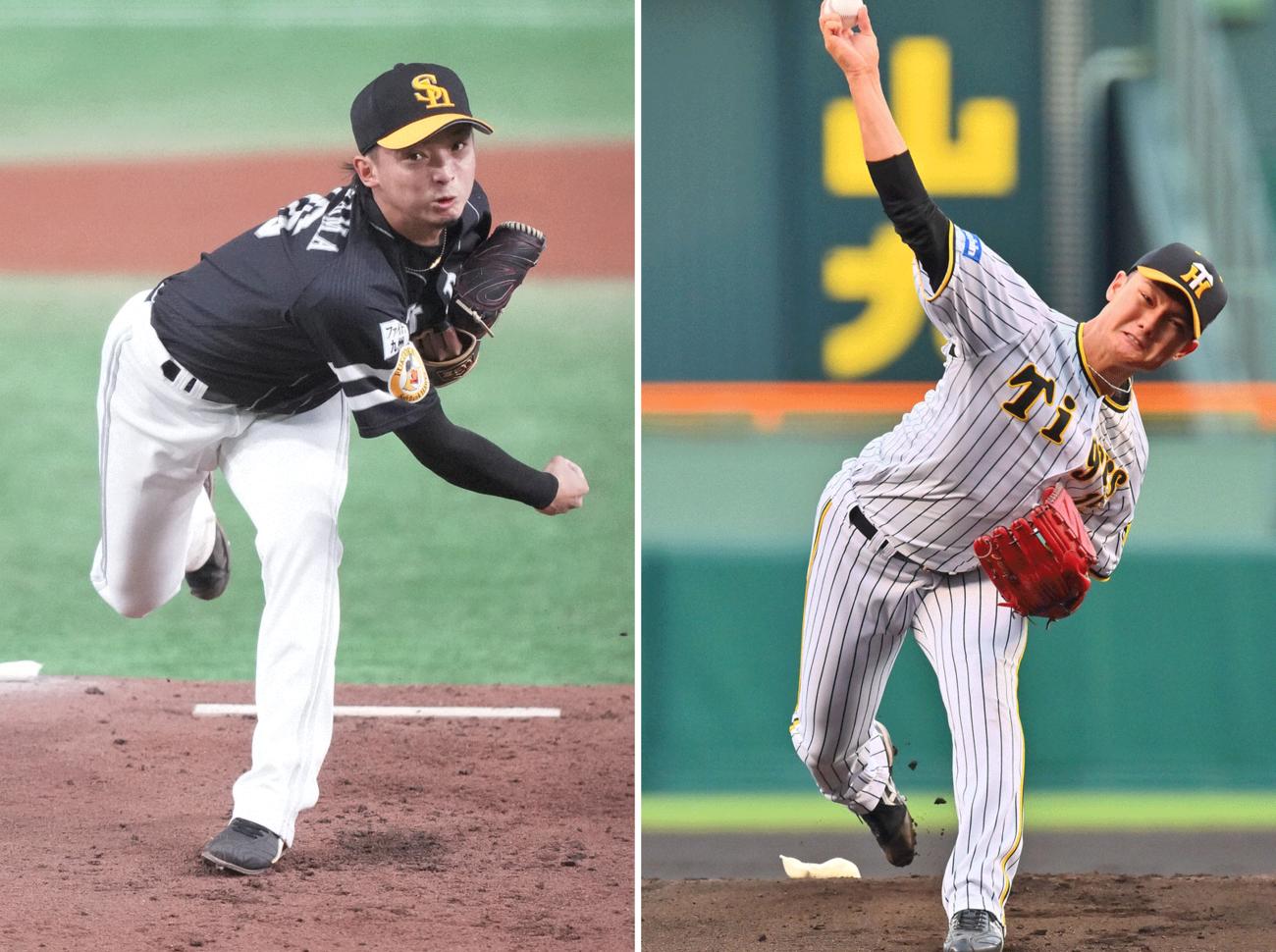 ソフトバンク東浜巨（左）と阪神西純矢
