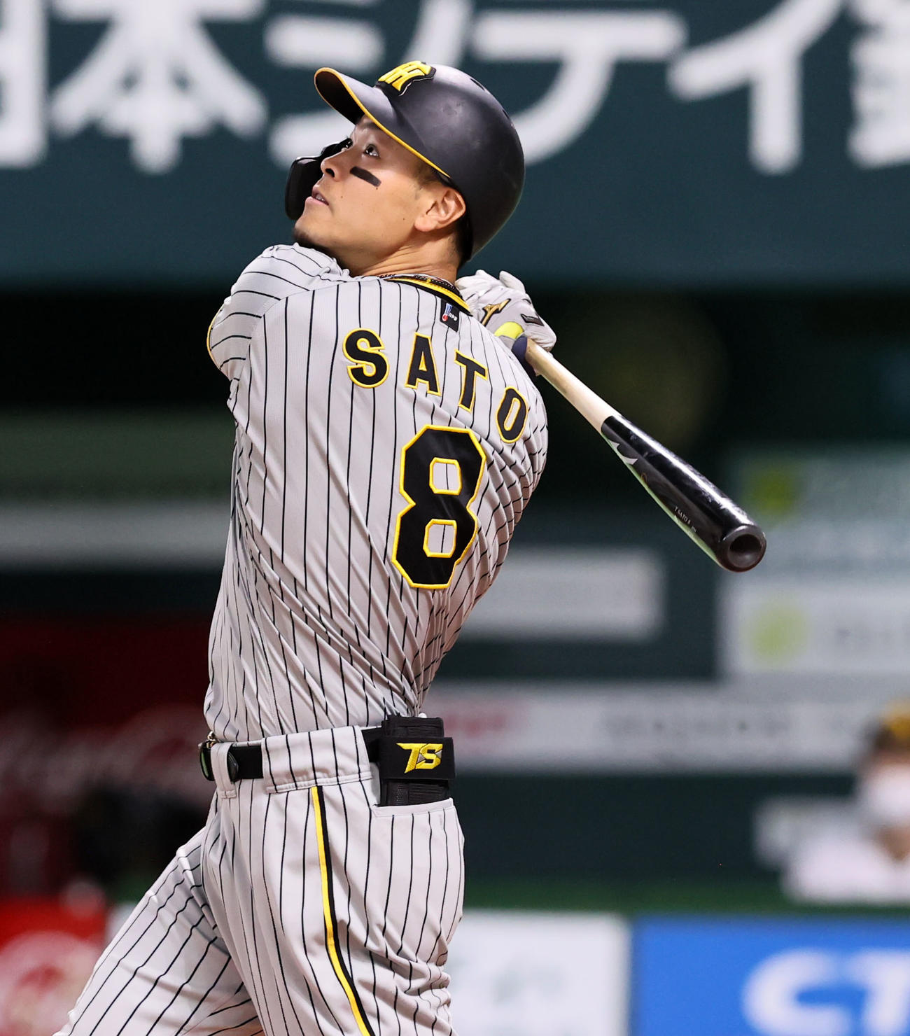 ソフトバンク対阪神　2回表阪神無死、佐藤輝明は左飛を打ち上げる（撮影・加藤哉）