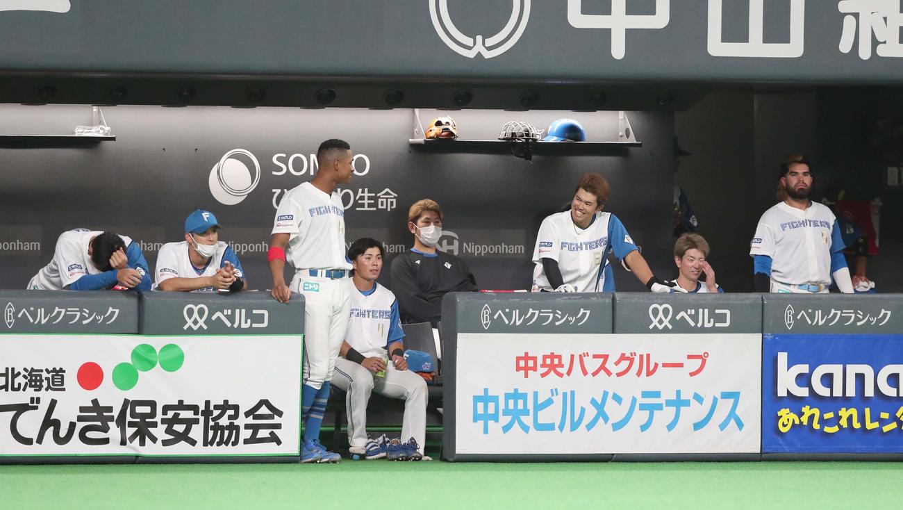日本ハム対DeNA　ベンチで渋い表情の日本ハムナイン（撮影・黒川智章）