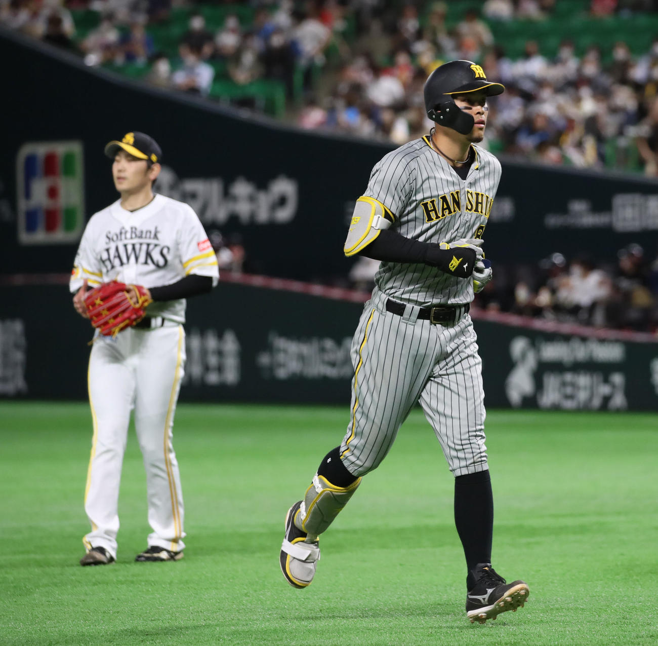ソフトバンク対阪神　2回表阪神無死、佐藤輝（右）は左飛を打ち上げベンチへ戻る。左は石川（撮影・加藤哉）