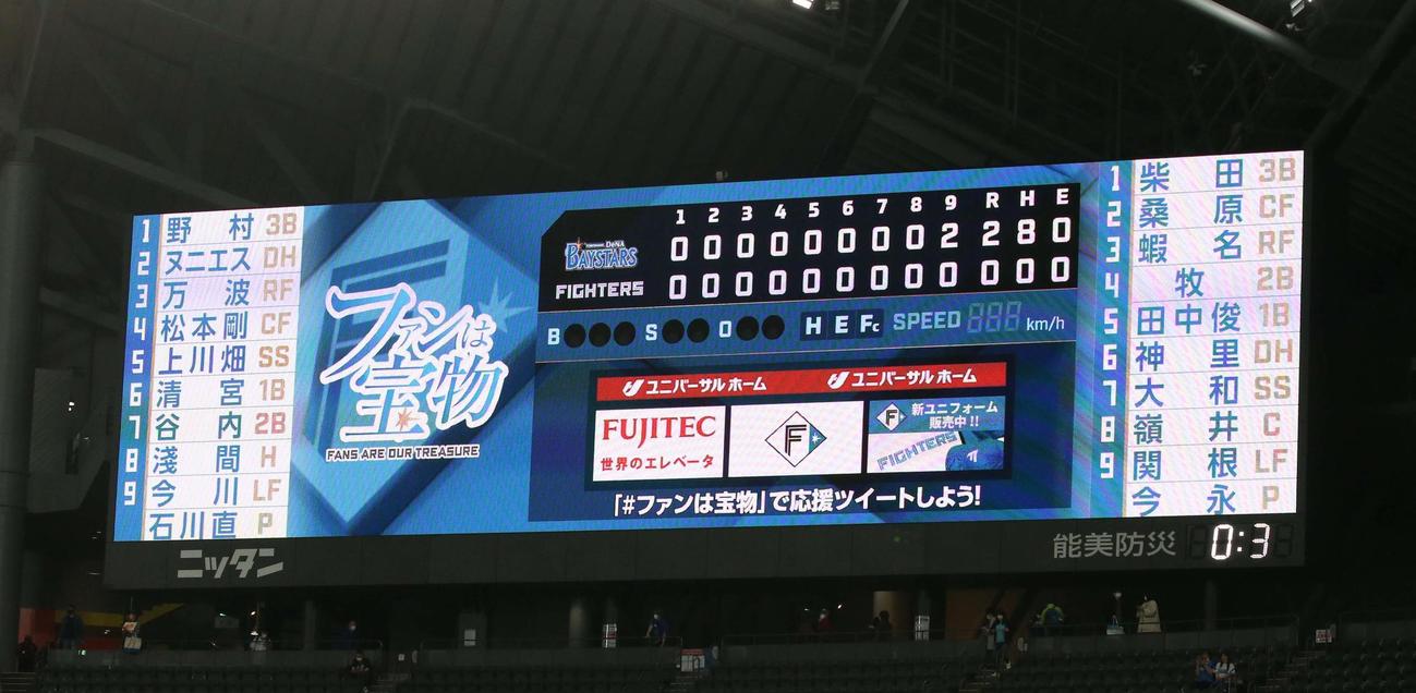 日本ハム対DeNA　今永がノーヒットノーランを達成したスコアボード（撮影・黒川智章）