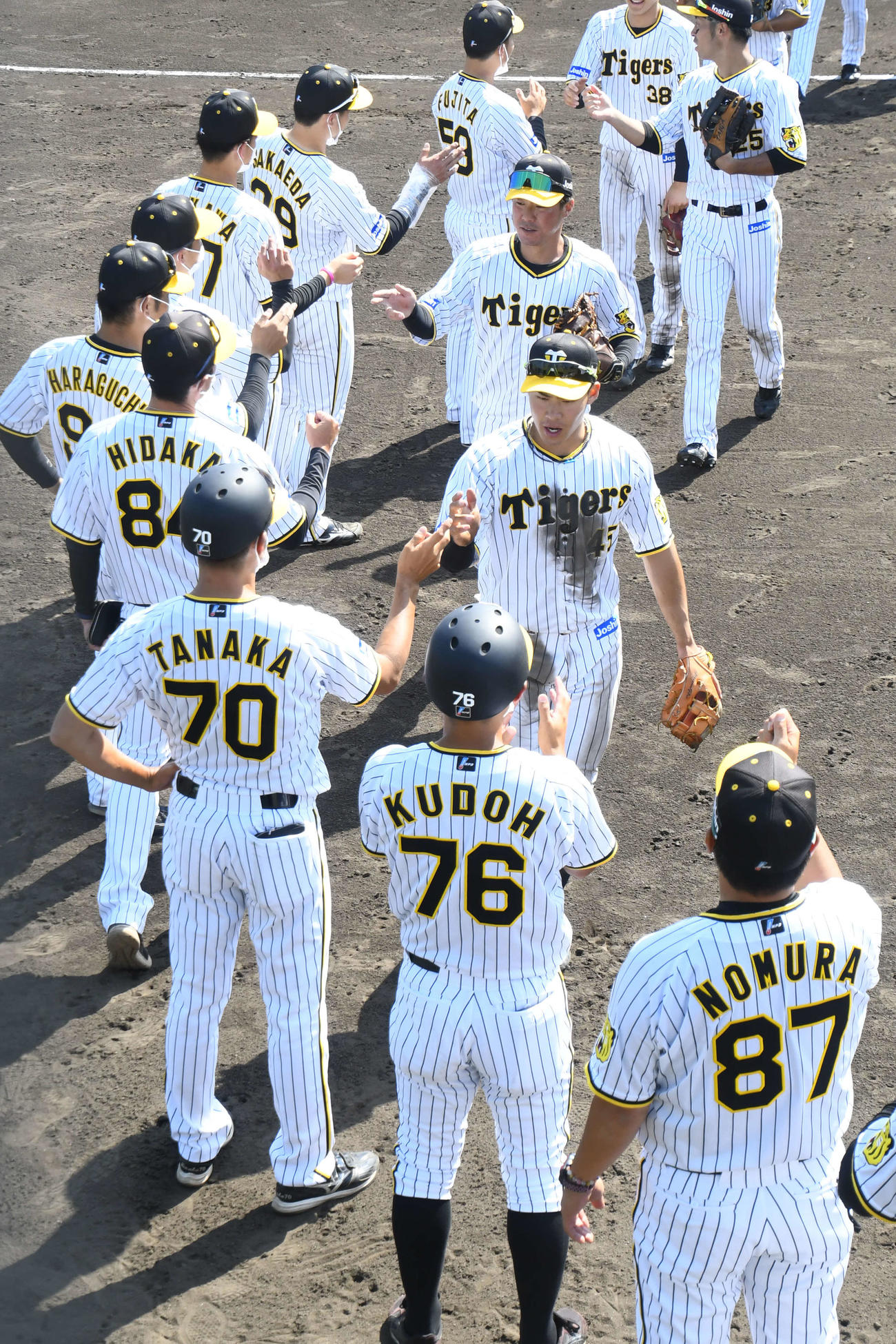 ウエスタン・リーグ阪神－オリックス　12連勝を決めた阪神ナインは試合後コーチ陣とタッチ（撮影・中野椋）