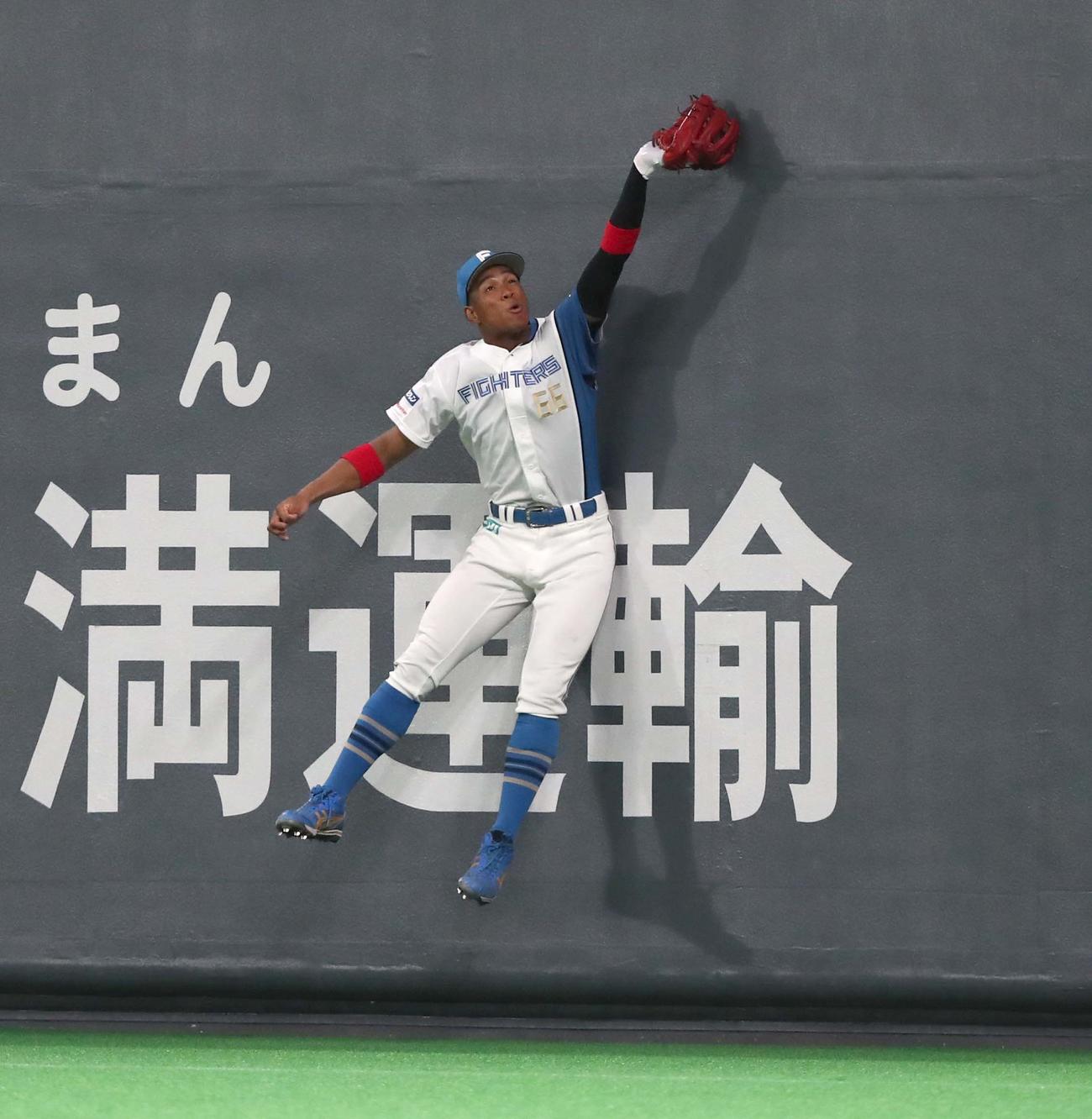 日本ハム対DeNA 9回表DeNA2死、関根の打球をジャンピングキャッチする万波（撮影・黒川智章）