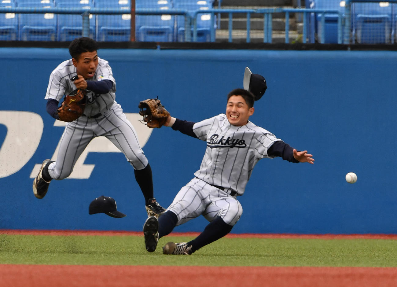 明大対佛教大　7回表明大1死、蓑尾のフライを田中二塁手（左）と大星右翼手が激突する（撮影・柴田隆二）