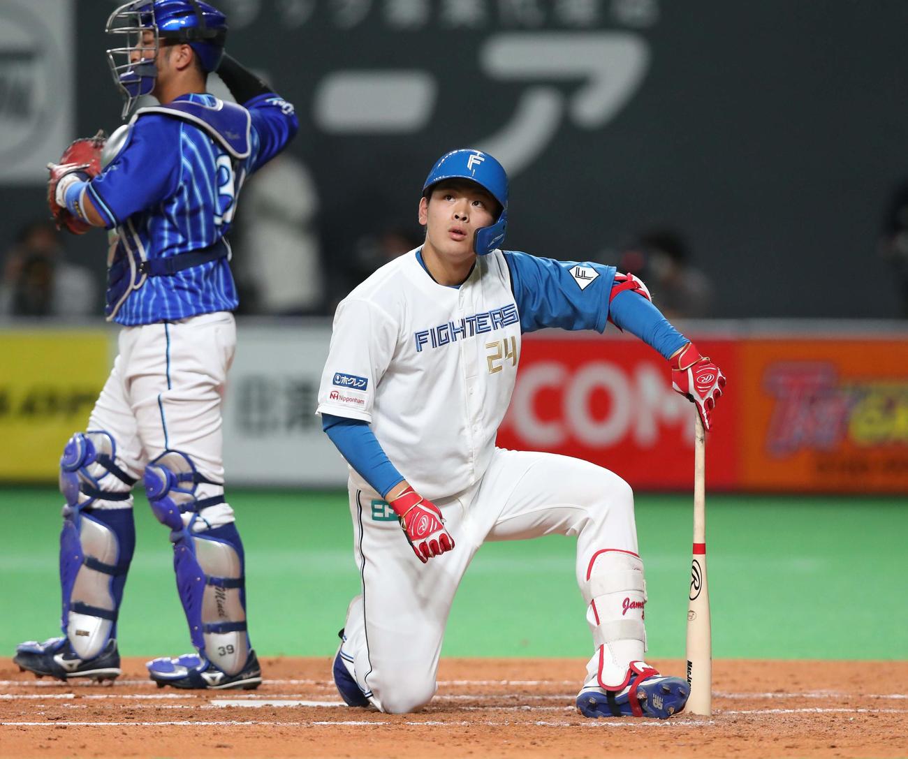 日本ハム対DeNA 4回裏日本ハム無死二塁、三振に終わる野村（撮影・黒川智章）