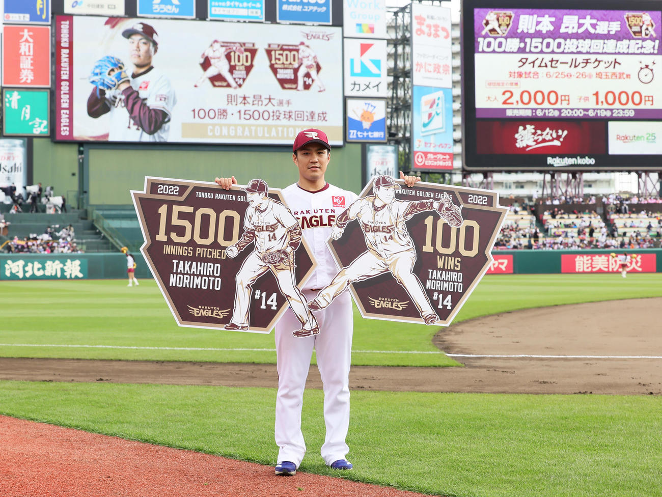楽天対巨人　プロ通算100勝と1500投球回を達成した楽天則本（撮影・足立雅史）