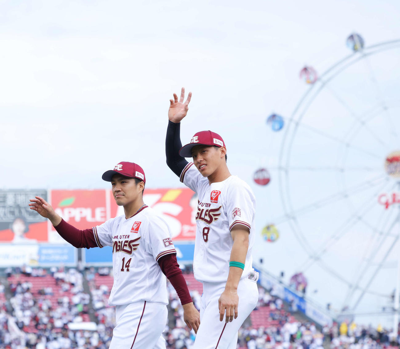 楽天対巨人　巨人に勝利し、場内一周で観客の声援に応える楽天則本（左）と辰己（撮影・河田真司）