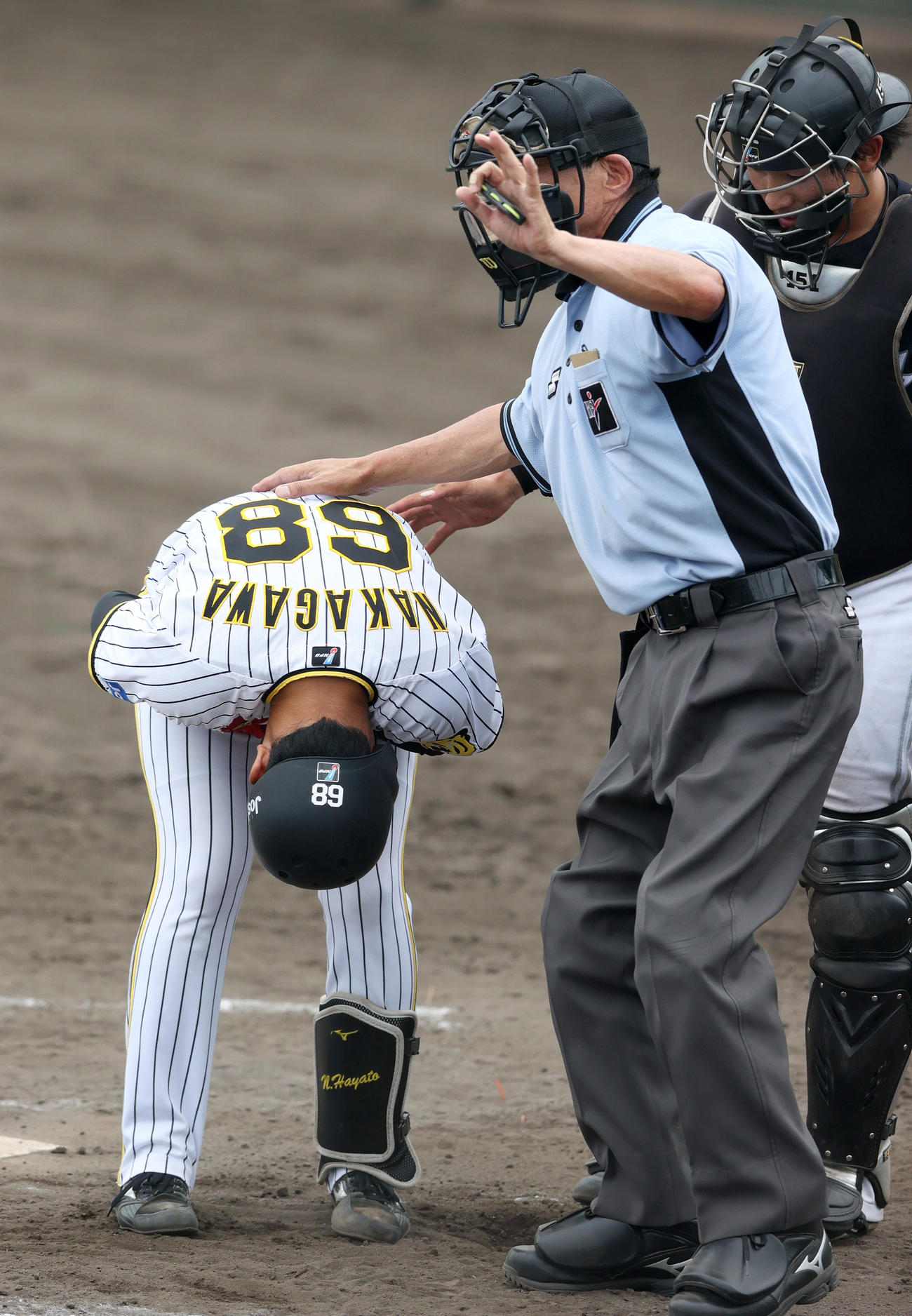 練習試合・阪神2軍対ソフトバンク3軍　6回裏阪神2死二塁、中川は死球をうける（撮影・上山淳一）