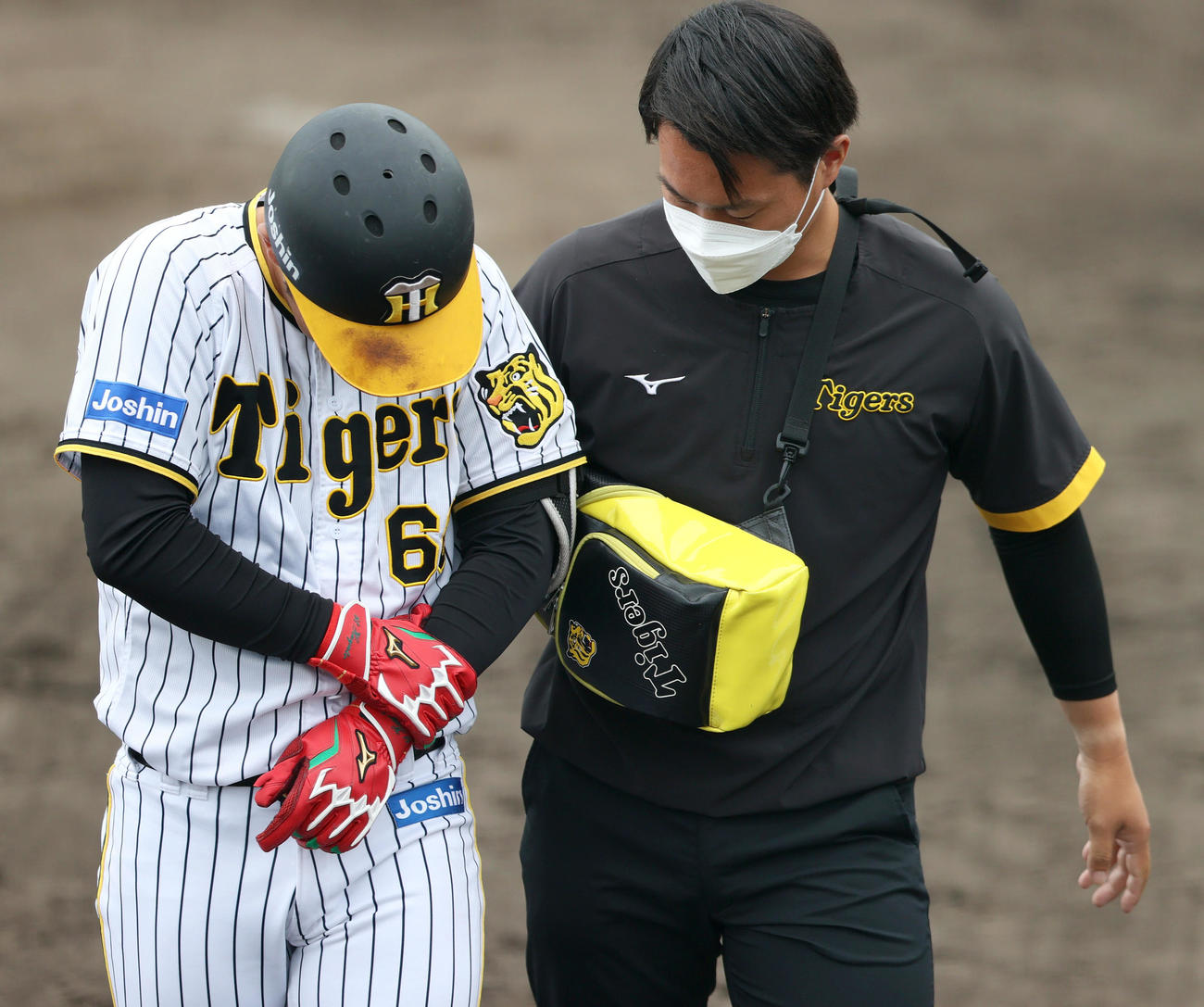 練習試合・阪神2軍対ソフトバンク3軍　6回裏阪神2死二塁、中川（左）は死球を受けベンチへ戻る（撮影・上山淳一）