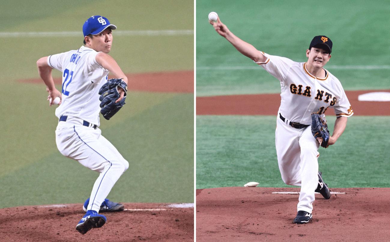中日大野雄大（左）と巨人菅野智之