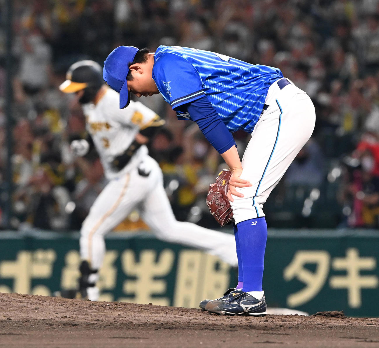 阪神対DeNA 6回裏阪神無死、大山に左越え本塁打を打たれがっくりする今永（撮影・前岡正明）