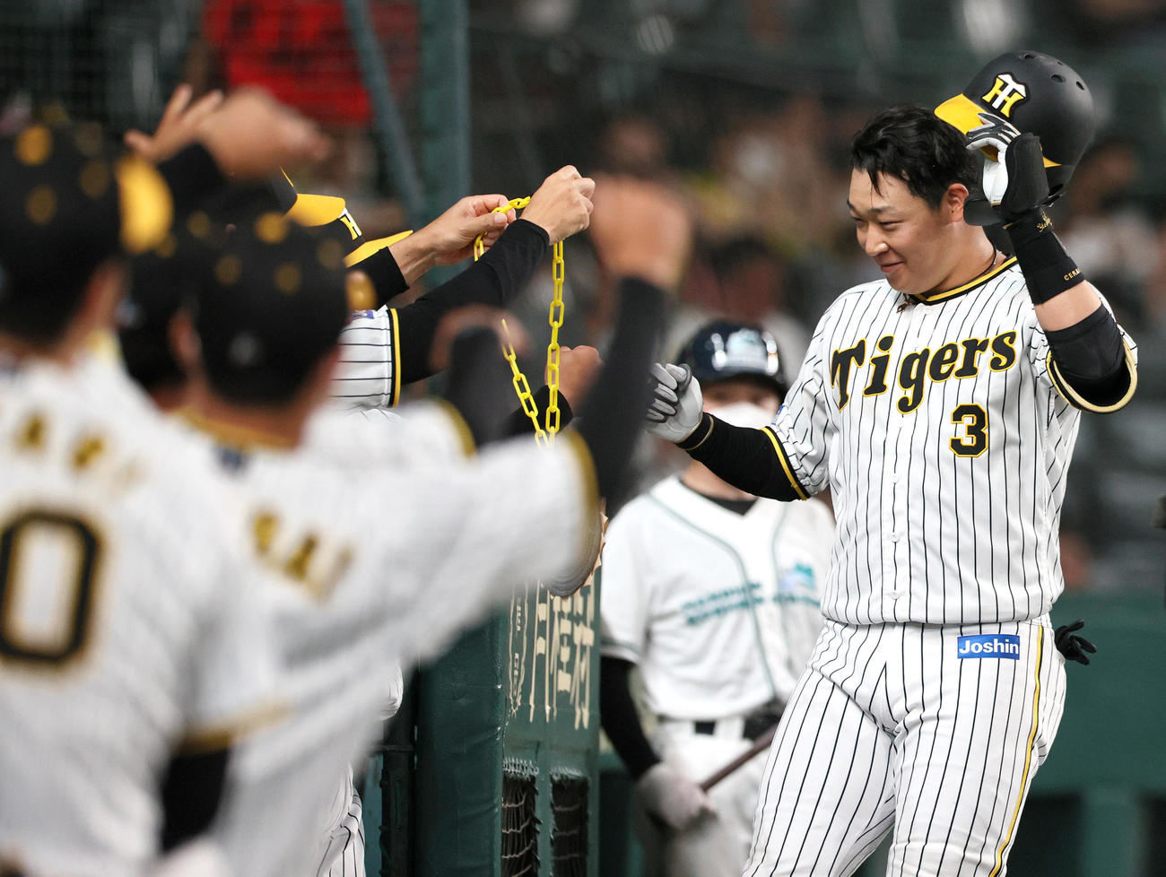 阪神対DeNA 6回裏阪神無死、大山（右）は左越え本塁打を放ちメダルの祝福を受ける（撮影・上山淳一）