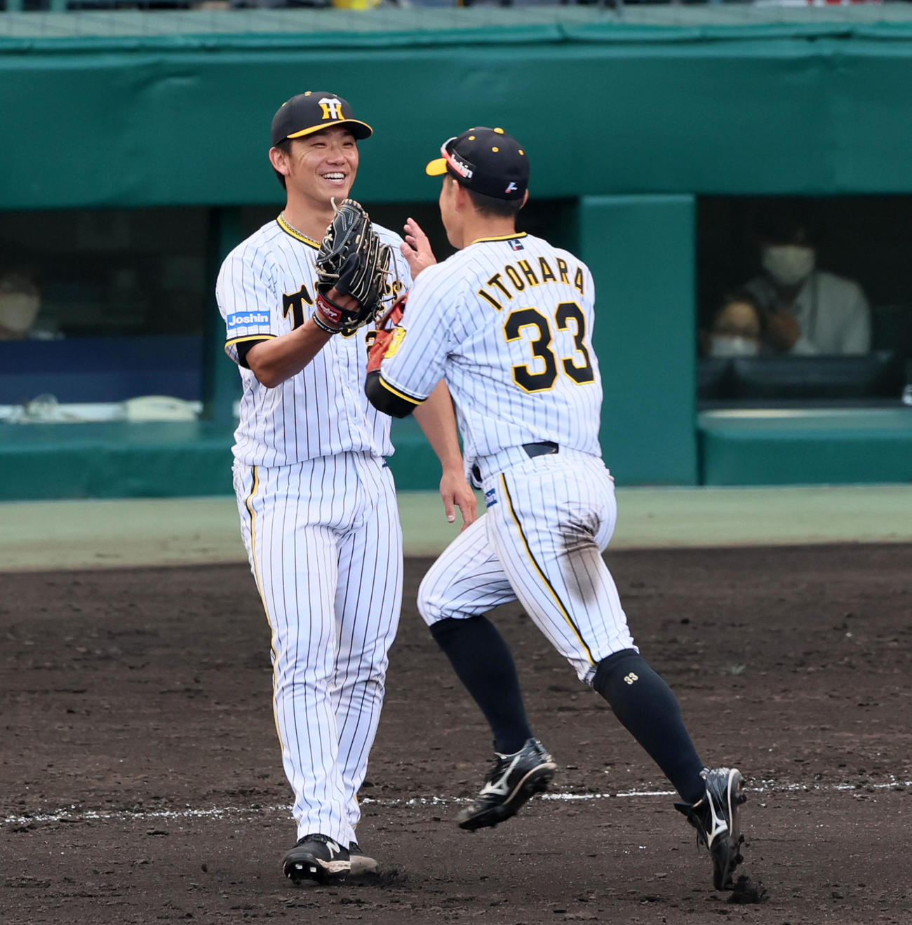 阪神対DeNA 8回表DeNA1死一塁、伊藤将は嶺井を三ゴロ併殺打に仕留め糸原（右）と笑顔でタッチする（撮影・加藤哉）
