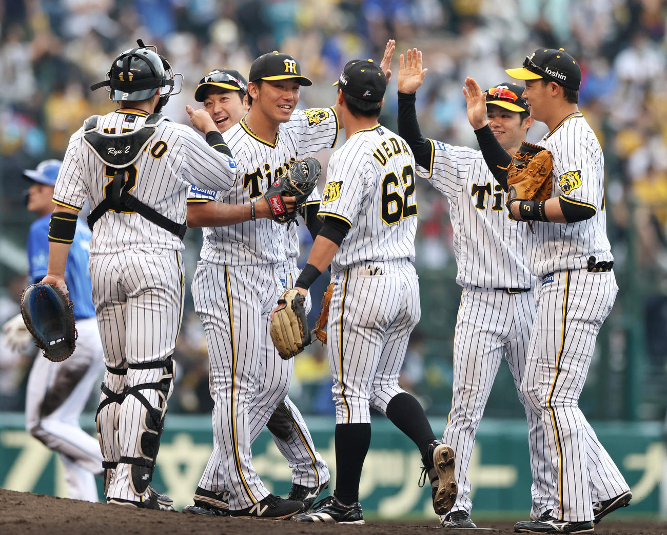 阪神対DeNA　阪神伊藤将（中央）はDeNA打線を3安打完投勝利を挙げナインとハイタッチする（撮影・上山淳一）