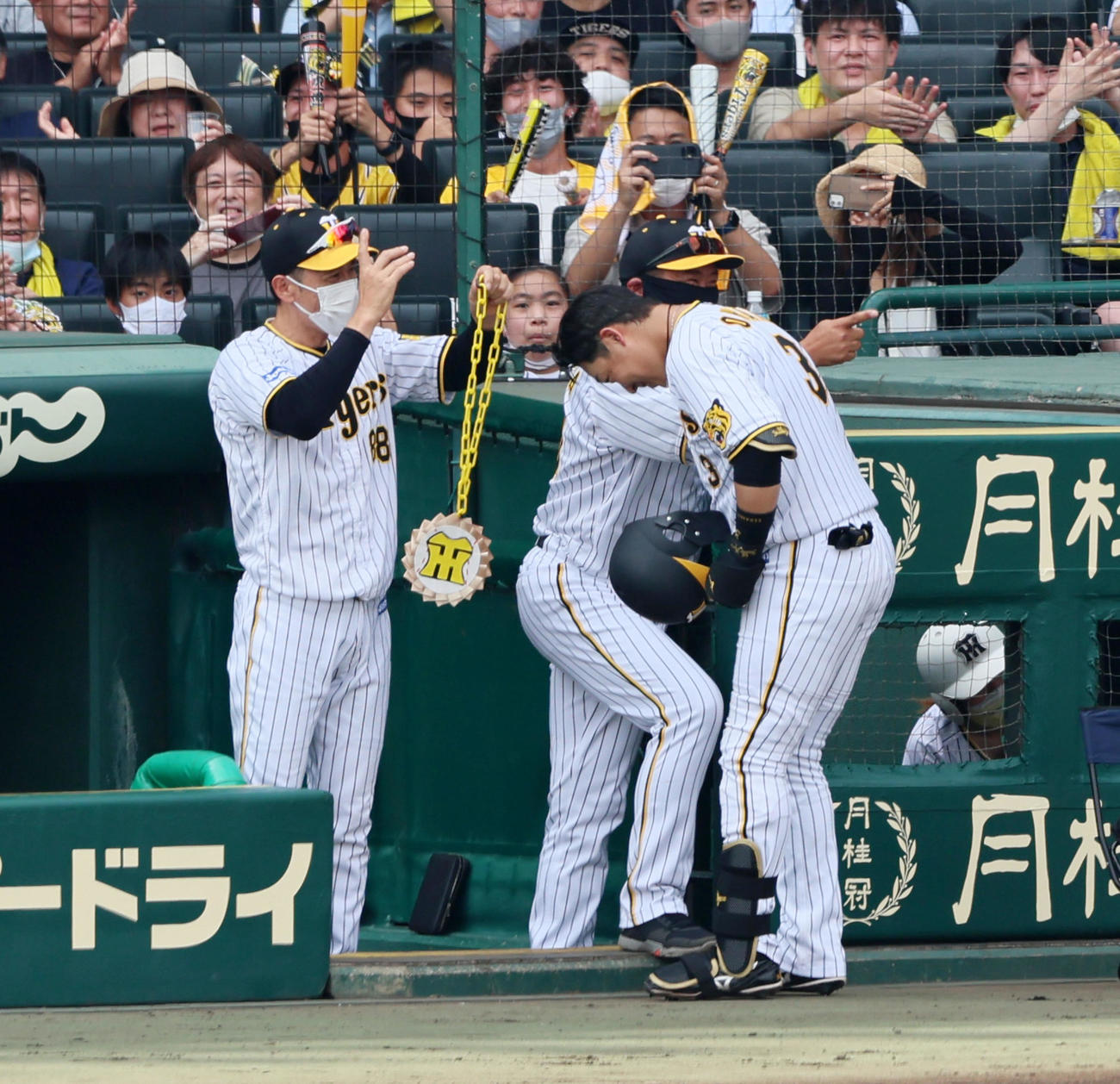 阪神対DeNA 3回裏阪神2死一塁、中越え2点本塁打を放ち矢野監督からメダルをかけられる大山（撮影・加藤哉）