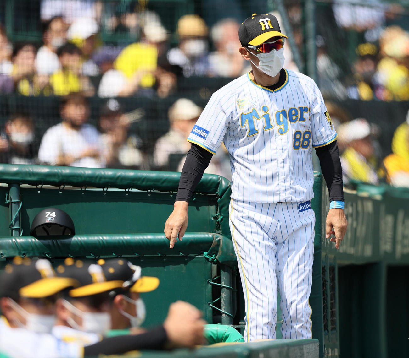 阪神対DeNA 1回、阪神矢野燿大監督はDeNA森の打撃に対して「リクエスト」する（撮影・上山淳一）