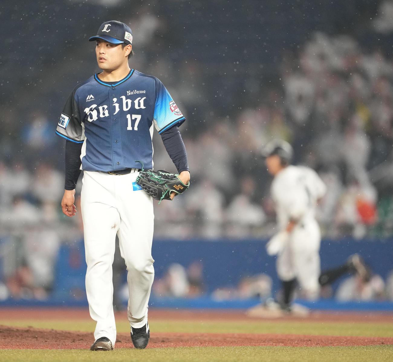 8回裏ロッテ2死、荻野貴司にこの日初安打の二塁打を浴びる松本航（撮影・鈴木みどり）