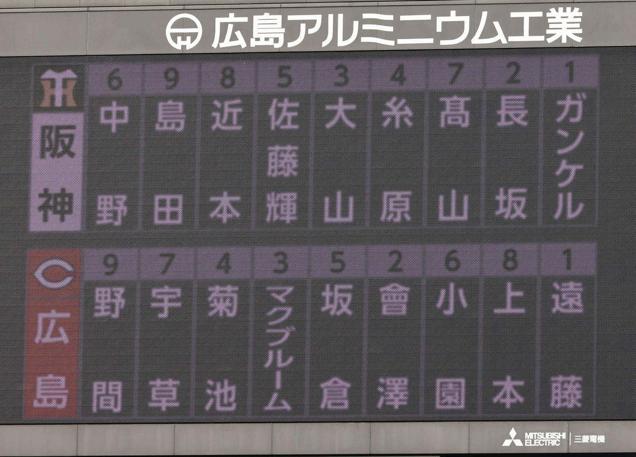 広島対阪神　両軍スタメン（撮影・加藤孝規）