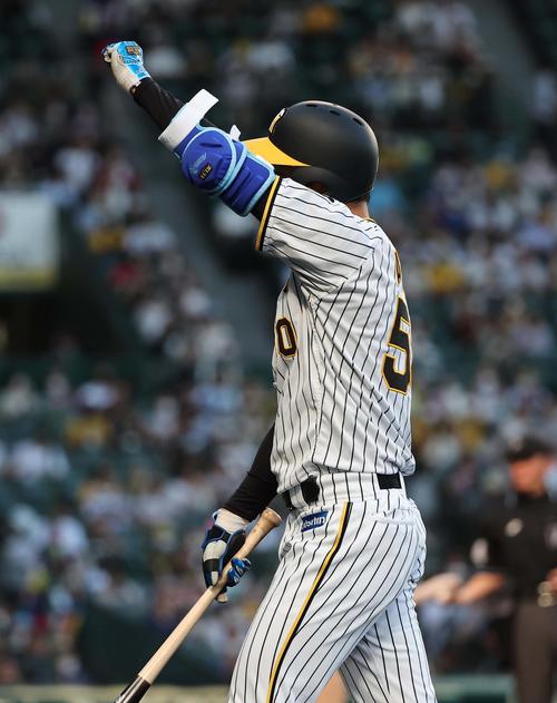 阪神対中日 2回裏阪神2死満塁、青柳は中前に先制2点適時打を放ちガッツポーズする(撮影・上田博志)
