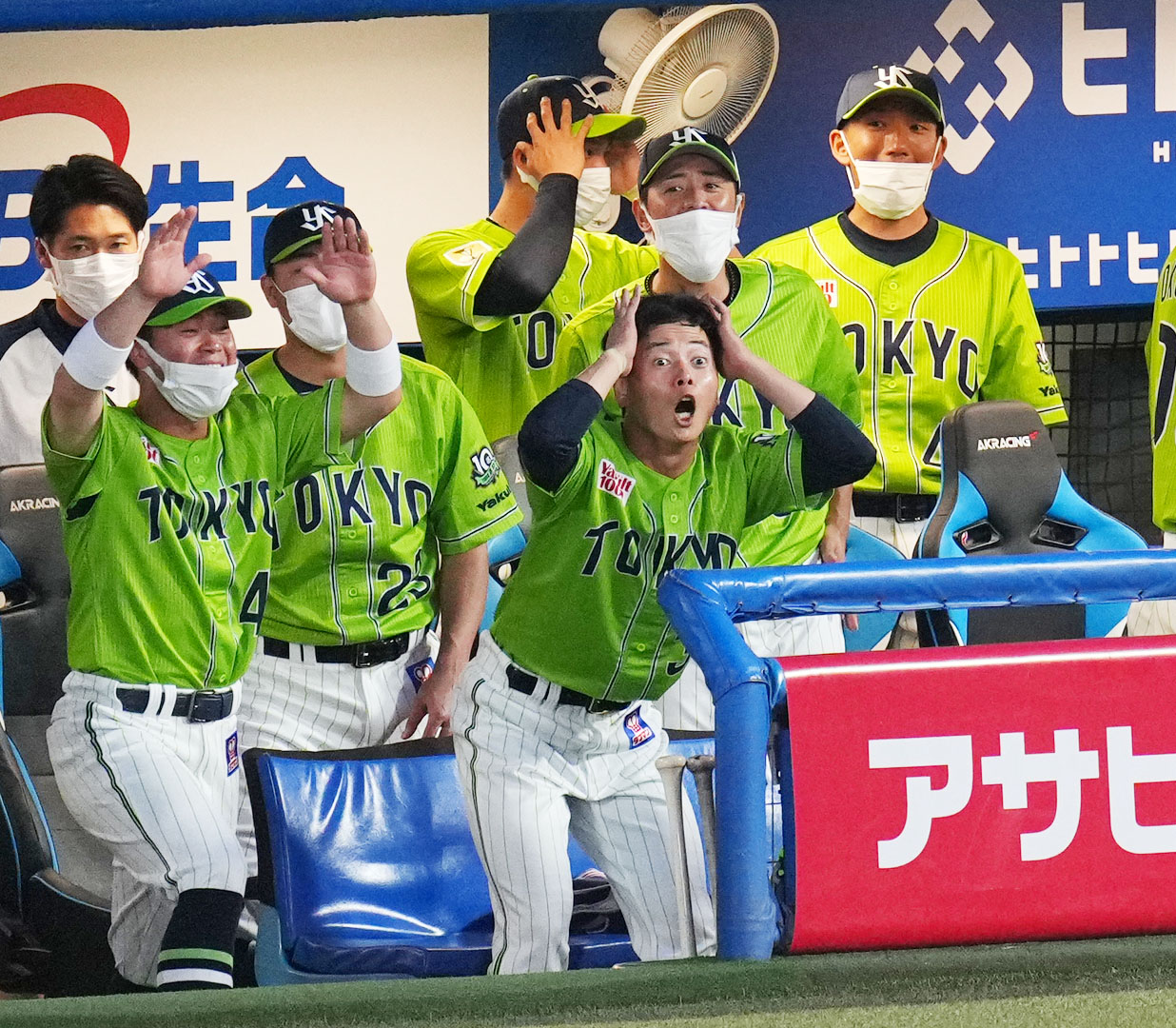 ヤクルト対巨人　3回裏ヤクルト2死一塁、中村が2打席連続となる左中間への2点本塁打を放ち驚いた表情の山崎（手前中央）らヤクルトナイン（撮影・横山健太）