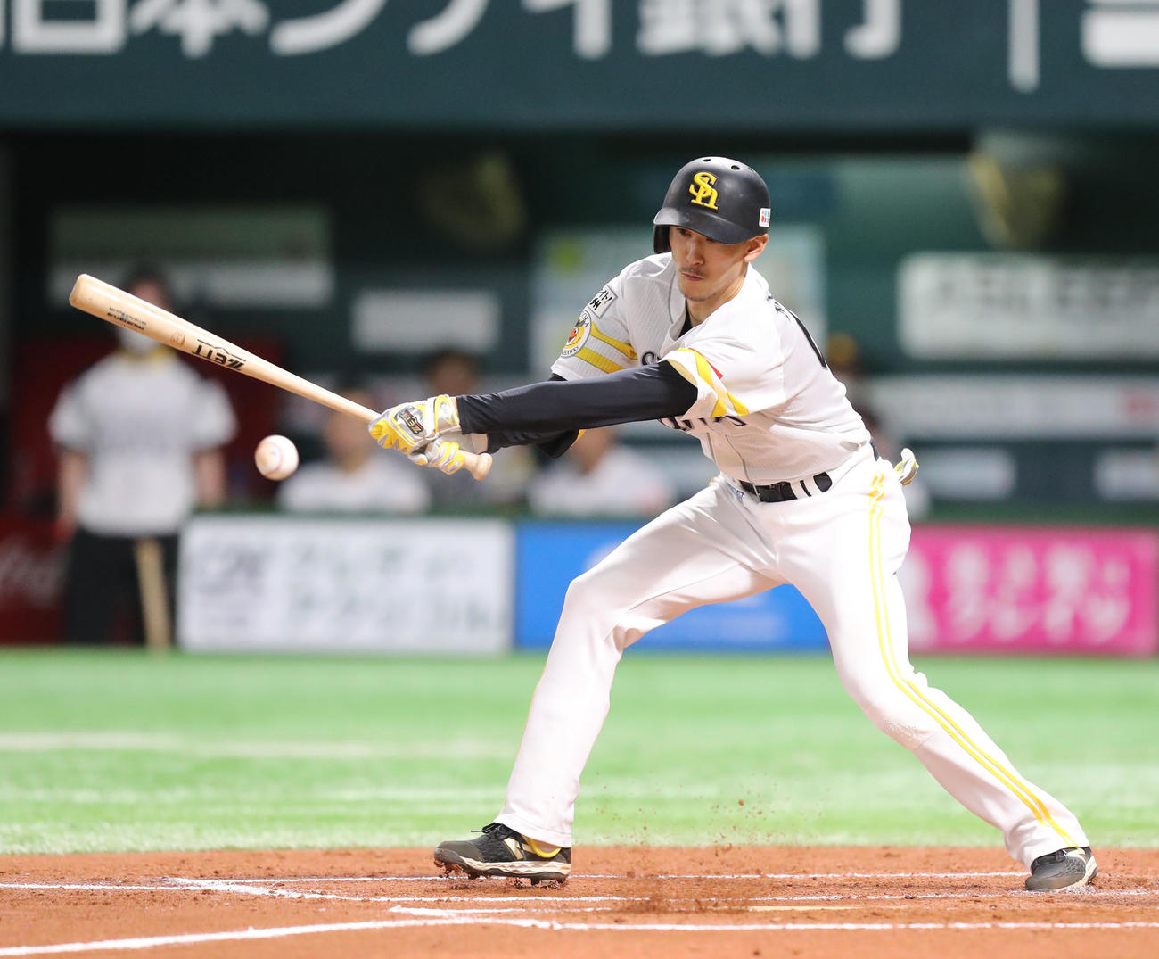 ソフトバンク対日本ハム　7回裏ソフトバンク無死、三森は三前安打を放つ（撮影・屋方直哉）