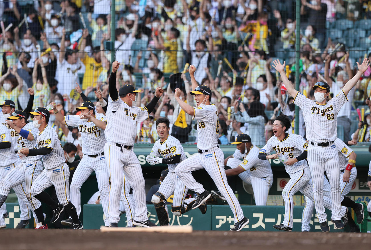 阪神対中日　11回裏阪神2死二、三塁、熊谷のサヨナラ中前適時打で喜ぶ阪神矢野監督（右から4人目）らナイン（撮影・上山淳一）