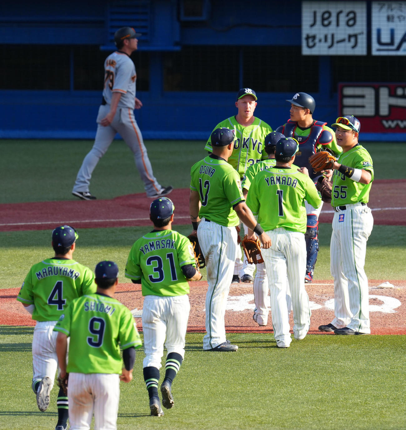 ヤクルト対巨人　巨人に勝利しタッチを交わすヤクルトナイン（撮影・横山健太）