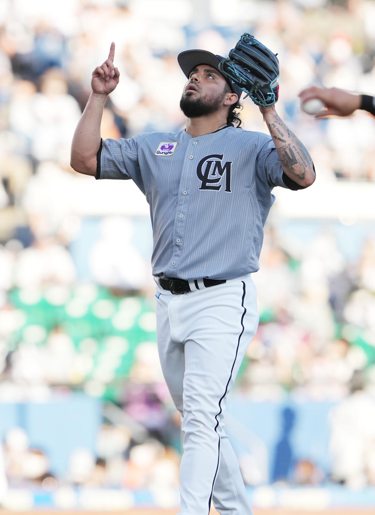 ロッテ対オリックス　11回表を抑え、ポーズを取るロッテ・オスナ（撮影・鈴木みどり）