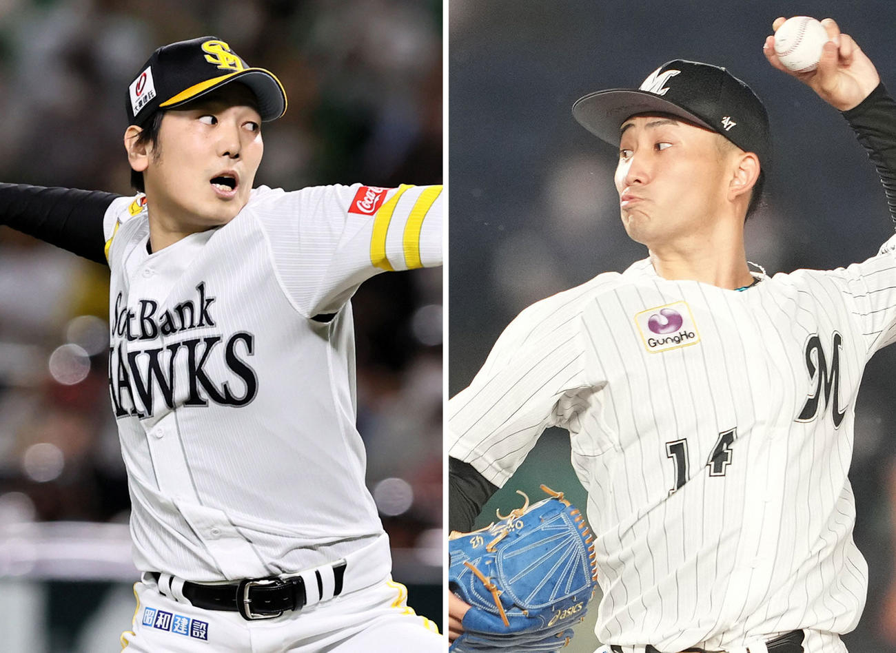 左からソフトバンク石川柊太、ロッテ小島和哉