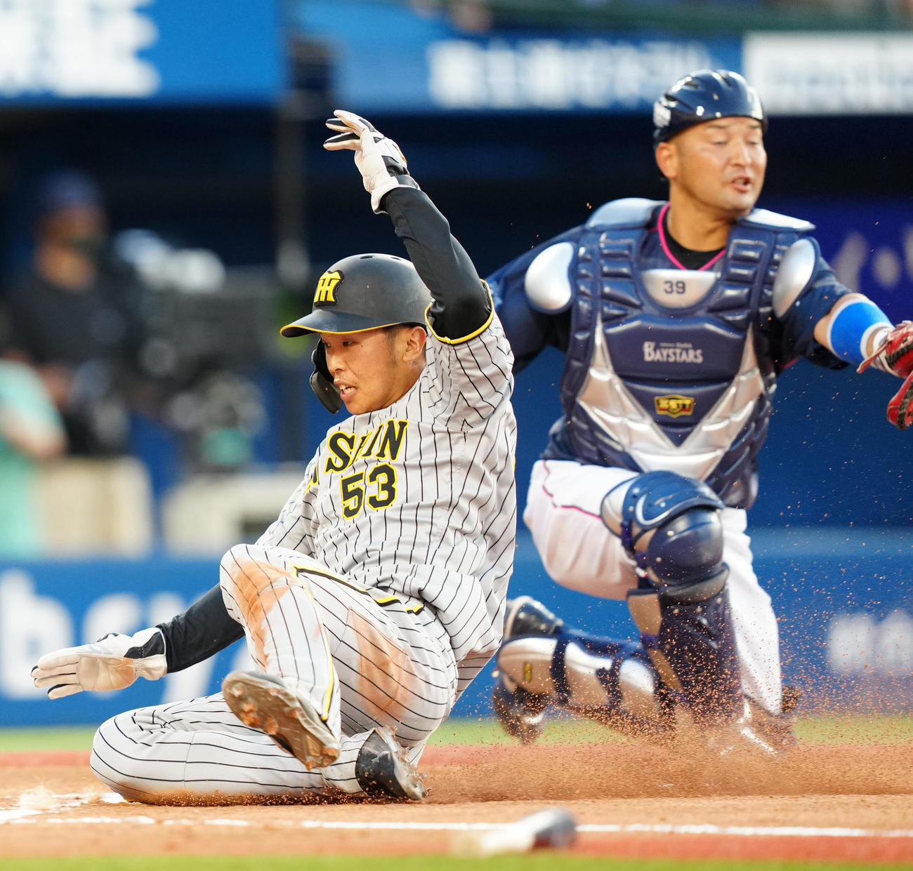 DeNA対阪神　1回表阪神1死三塁、佐藤輝の中犠飛で生還する島田（左）（撮影・江口和貴）