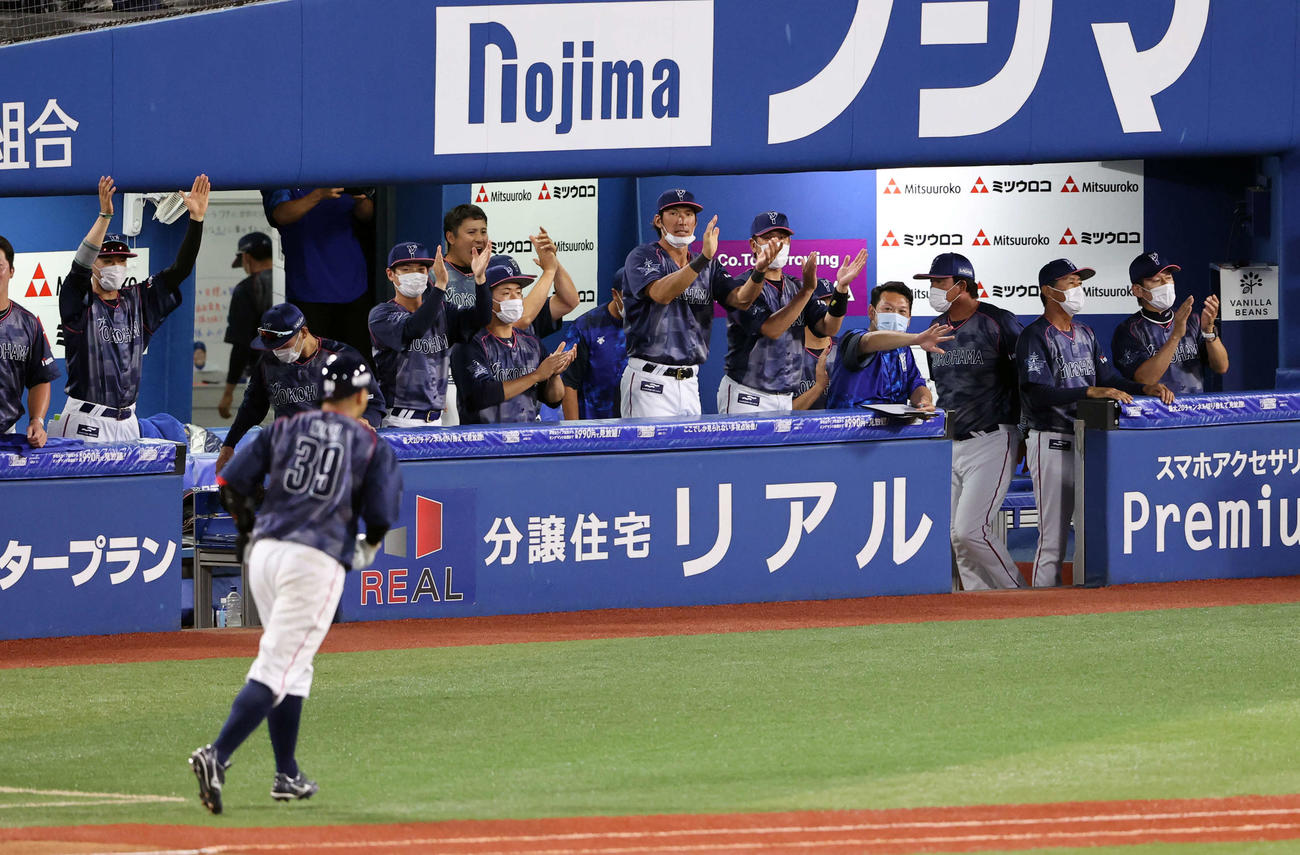 DeNA対阪神　4回裏DeN1死一、三塁、嶺井（手前）が中犠飛を放ち、拍手する三浦監督（右）ら喜ぶDeNAベンチ（撮影・浅見桂子）