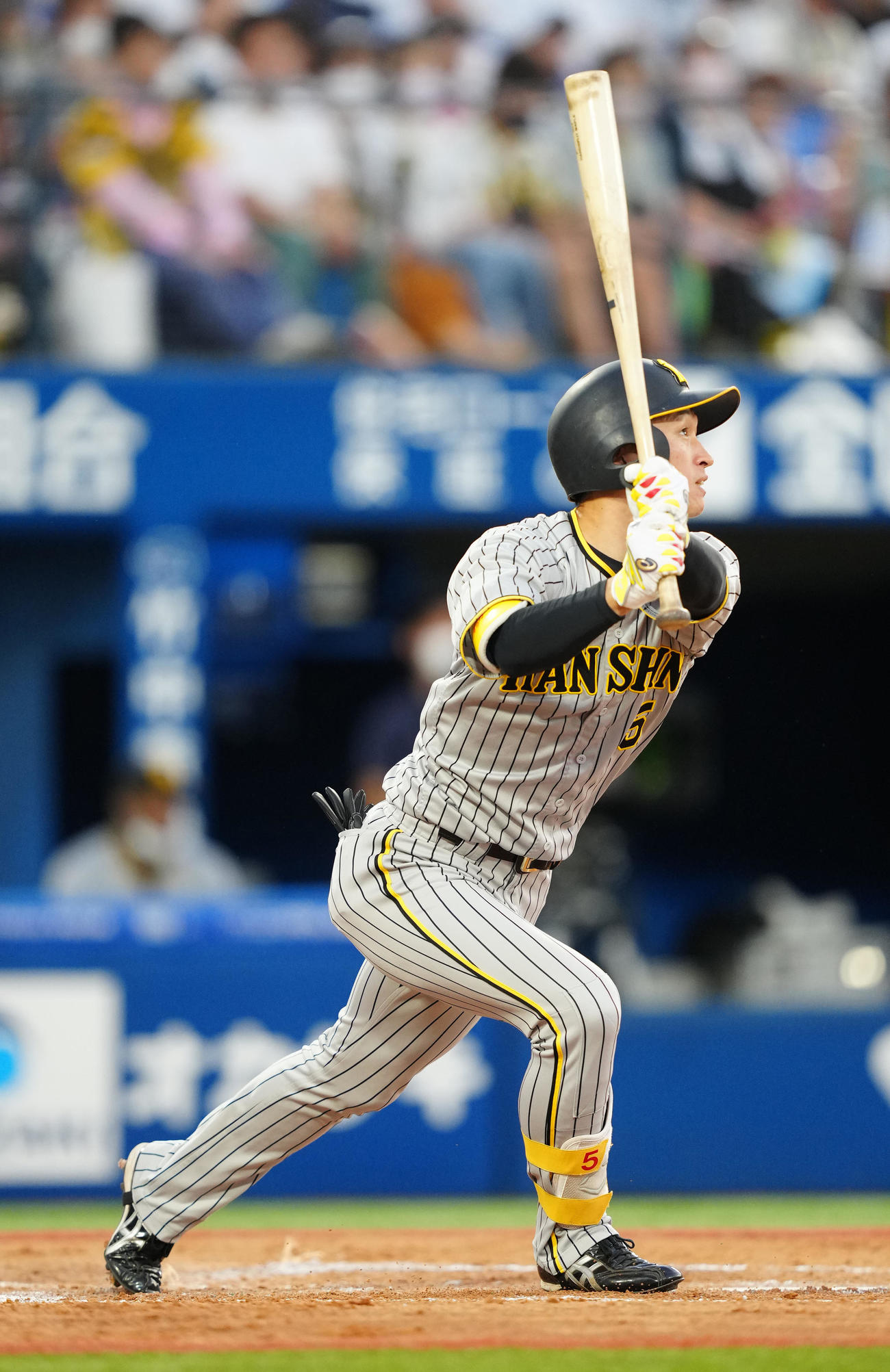 DeNA対阪神　3回表阪神1死一塁、25試合連続安打となる中前打を放つ近本（撮影・江口和貴）