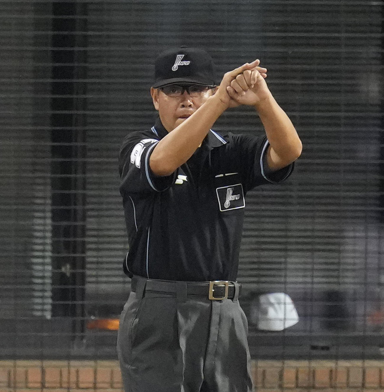 巨人対中日　10回表中日無死満塁、三ツ俣の死球の判定で原監督からリクエストが入り、検証の結果当たったとジェスチャーする審判（撮影・菅敏）