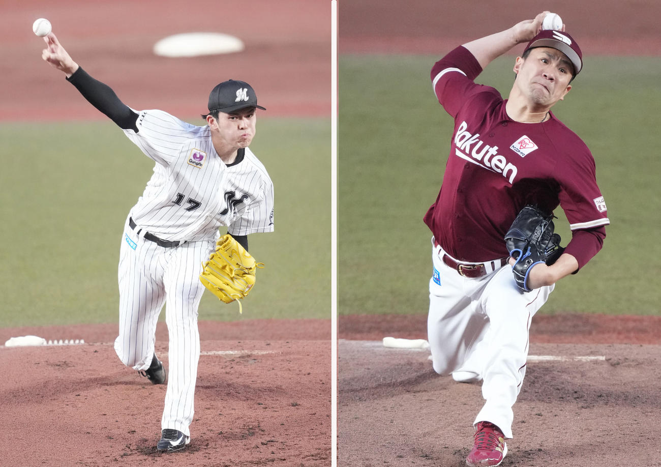 ロッテ佐々木朗希（左）と楽天田中将大