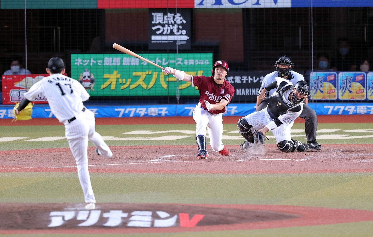 ロッテ対楽天　4回表楽天無死、島内は空振り三振。投手佐々木朗（撮影・浅見桂子）