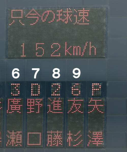 大学日本代表対ENEOS 4回から登板した大学日本代表2番手の日体大・矢沢宏太は、球速152キロを計測（撮影・野上伸悟）