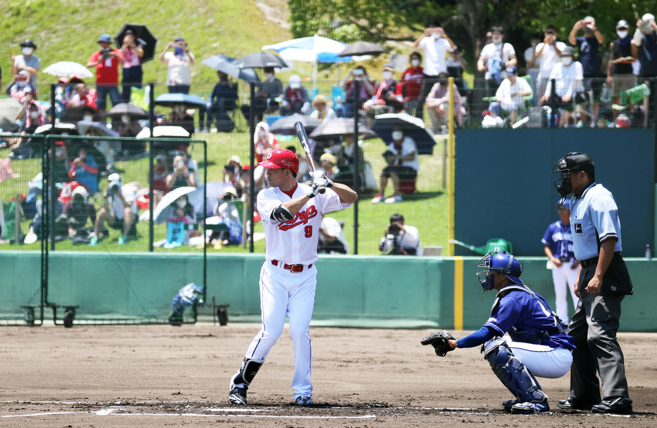 広島対中日　秋山は多くのファンが見つめる前で打席に立つ（撮影・上山淳一）