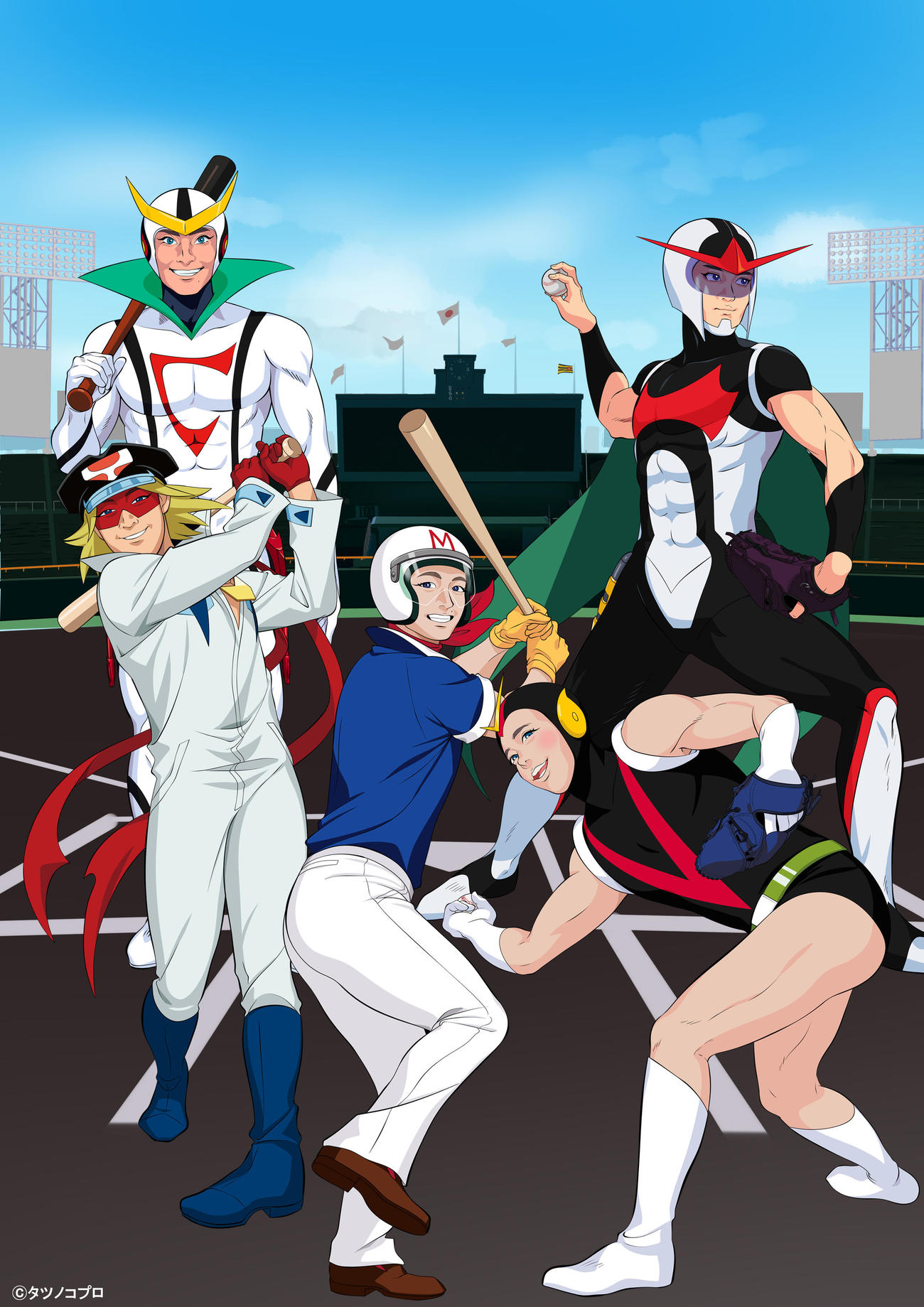 阪神とのコラボ企画でタツノコプロが描き下ろした、ヤッターマン×大山、マッハGoGoGo×近本」、宇宙エース×青柳、逆転イッパツマン×藤浪、新造人間キャシャーン×糸井が登場するオリジナルイラスト（球団提供）