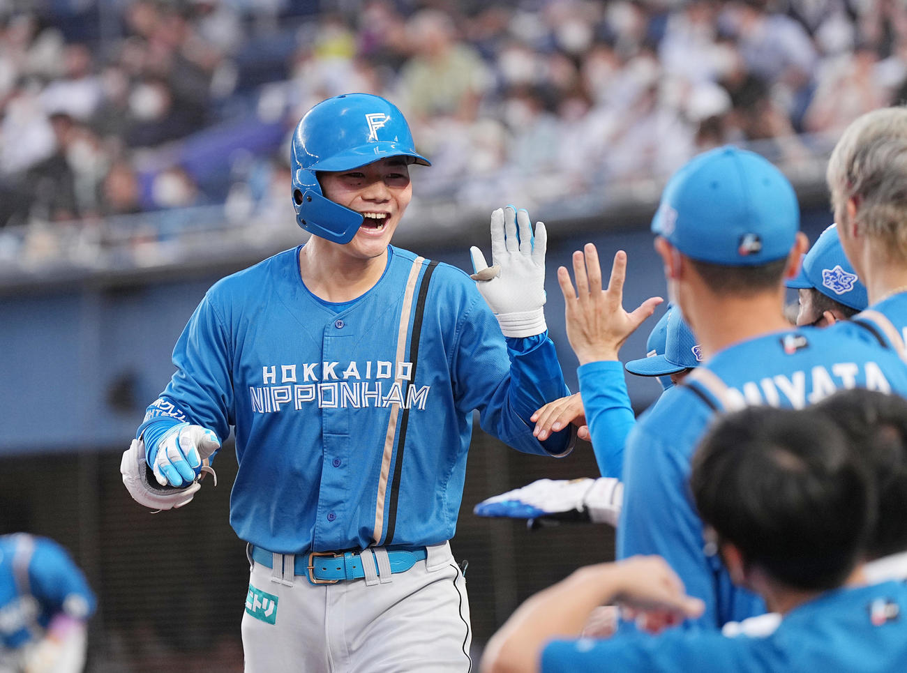 ロッテ対日本ハム　3回表日本ハム無死、右越えに同点のソロ本塁打を放ち、ナインにタッチで迎えられる清宮（撮影・菅敏）