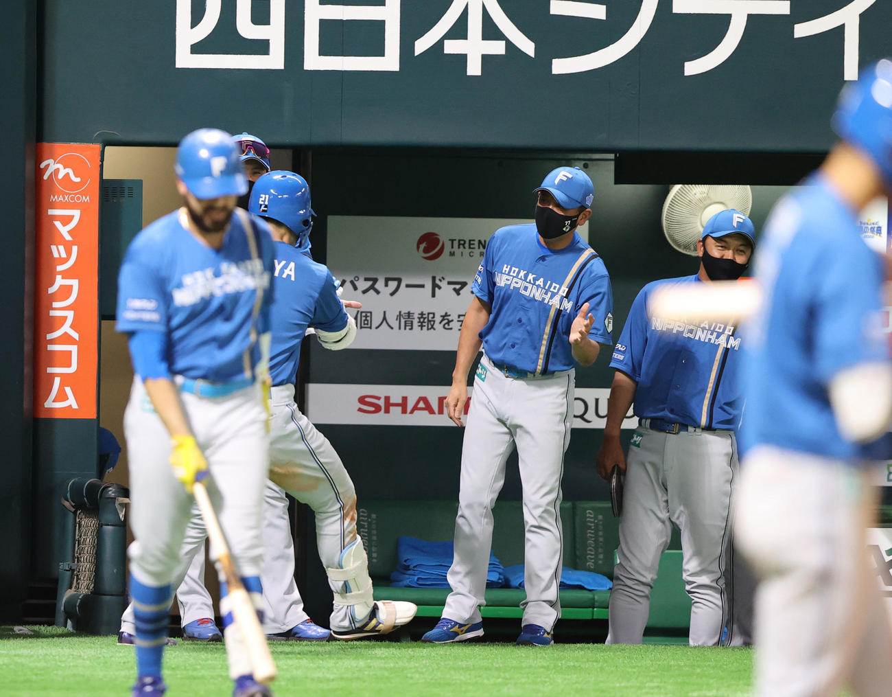 ソフトバンク対日本ハム　7回表日本ハム2死、清宮幸太郎は右中間に本塁打を放ち新庄剛志監督に迎えられる（撮影・梅根麻紀）