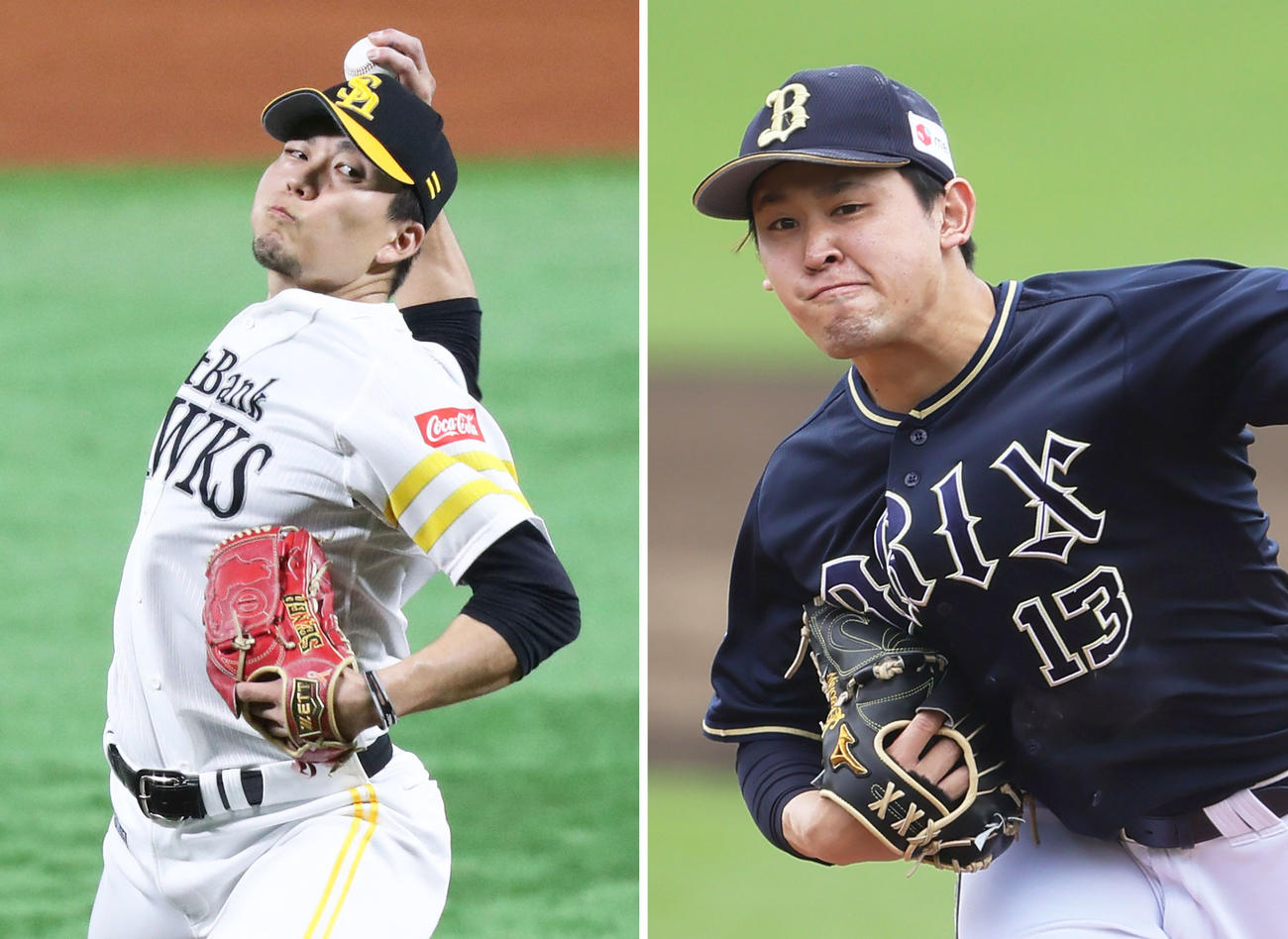 左からソフトバンク千賀滉大、オリックス宮城大弥