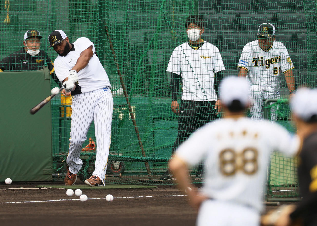 阪神矢野監督（手前）が見守る中、フリー打撃する阪神ロドリゲス（撮影・上山淳一）