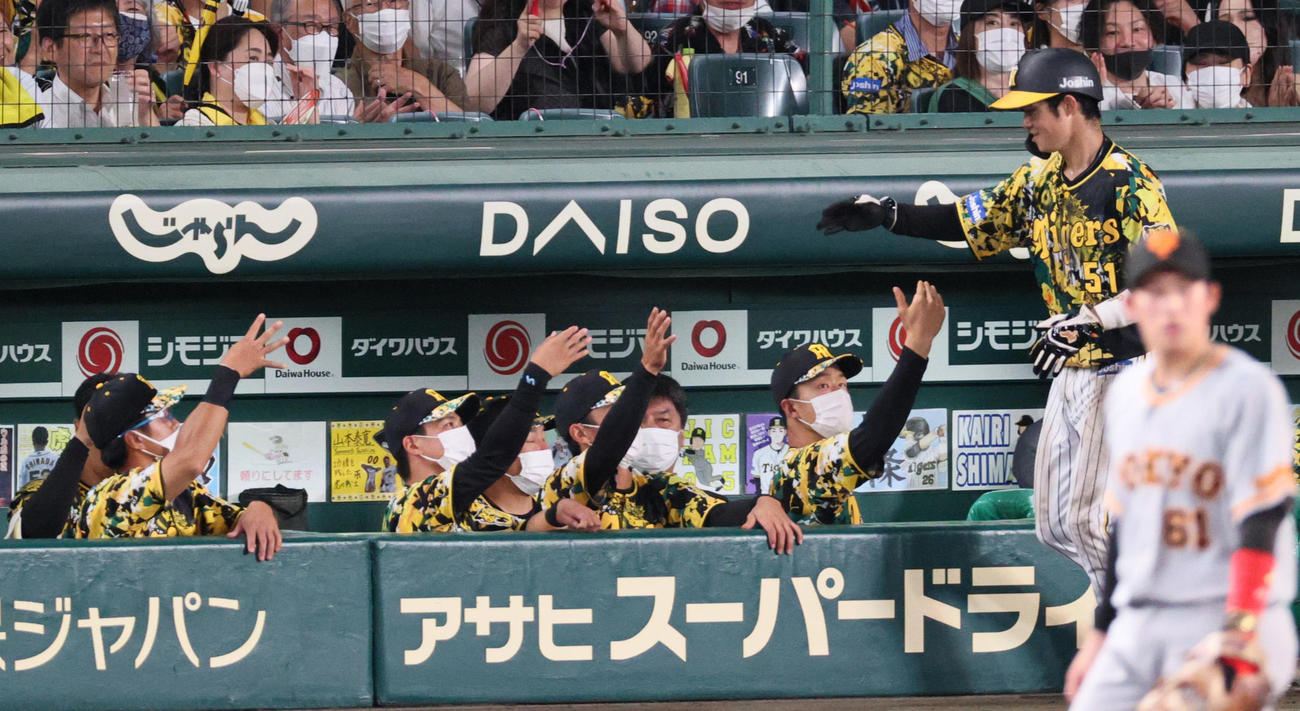 阪神対巨人　6回裏阪神1死三塁、打者近本の時、暴投で生還の中野（手前）を出迎える阪神ナイン（撮影・上山淳一）