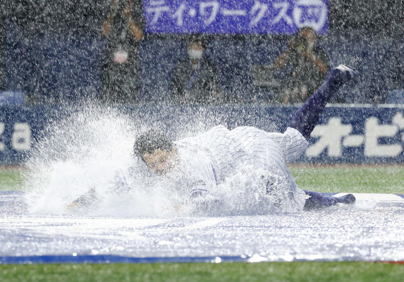 DeNA対ヤクルト　試合が中止になり本塁に飛び込むDeNA知野（撮影・河田真司）