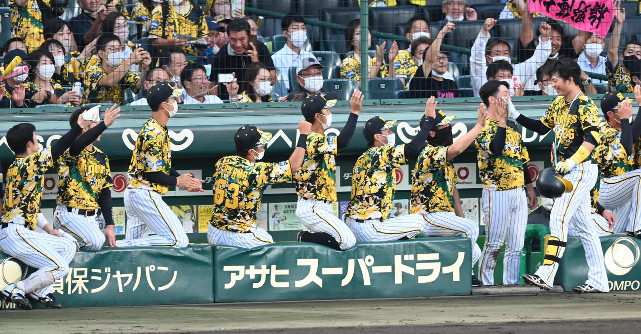 阪神対中日　2回裏阪神1死二塁、北條（右）は逆転の左越え2点本塁打を放ちナインの祝福を受ける（撮影・前岡正明）
