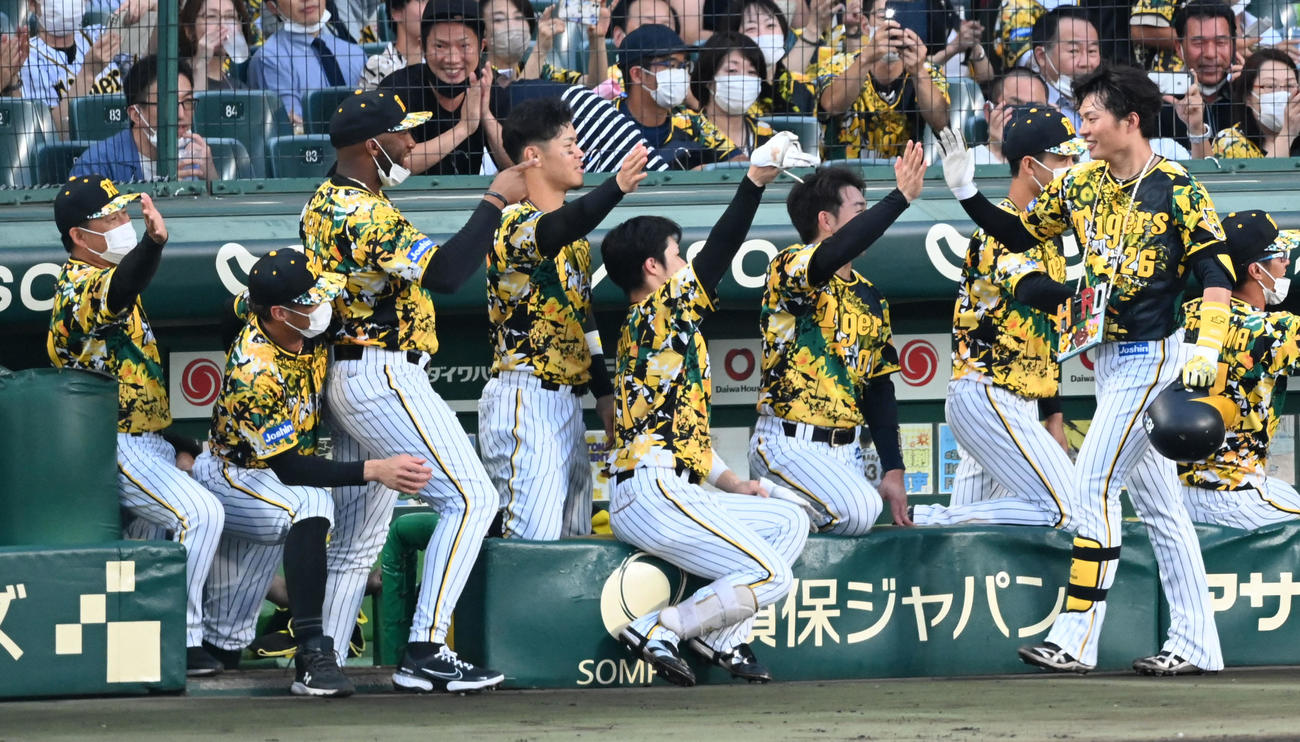 阪神対中日　2回裏阪神1死二塁、北條（右）は逆転の左越え2点本塁打を放ちナインの祝福を受ける（撮影・前岡正明）