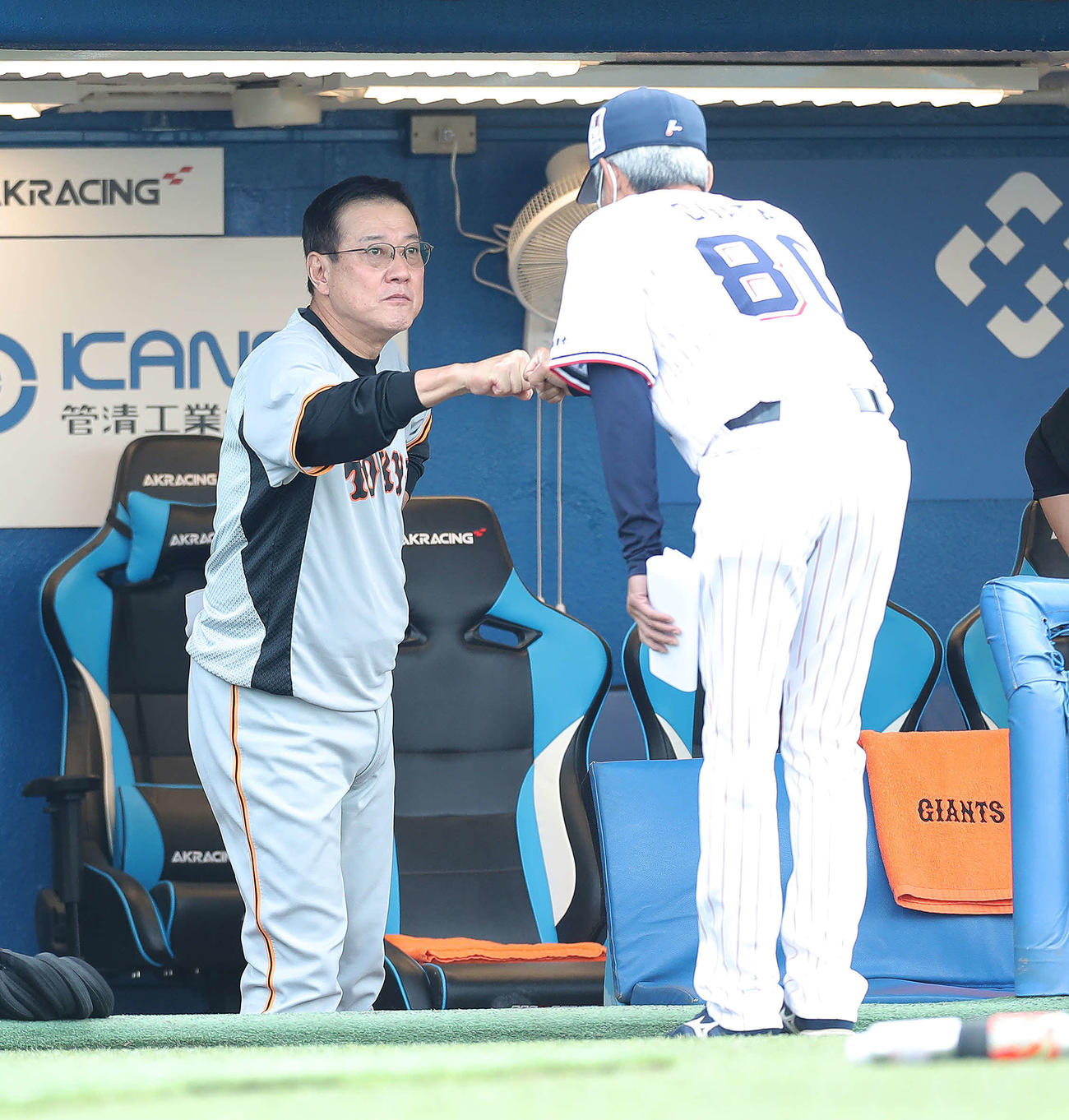 ヤクルト対巨人　試合前、巨人原監督（左）はヤクルト緒方2軍外野守備走塁コーチとグータッチを交わす（撮影・河田真司）